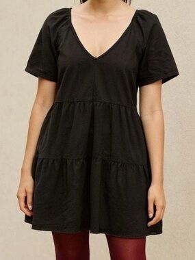 Old Navy Black V-Neck Tiered Mini Dress - Black Babydoll Dress